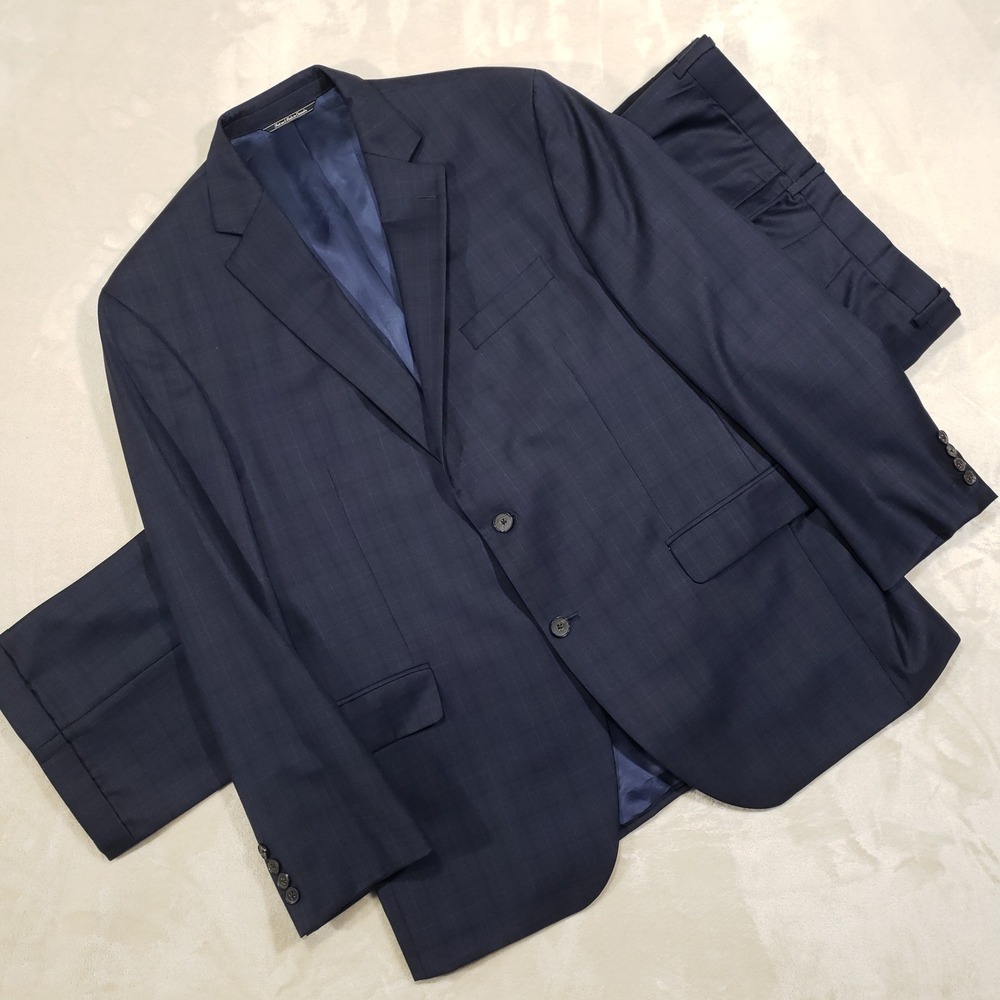 Jack Victor Suit Mens 44R 38W Navy Blue Wool Super 110s Windowpane Button Gibson